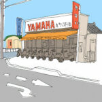 通りがかりの街角にあったバイクショップを線画で描いたイラストレーション by sahchas